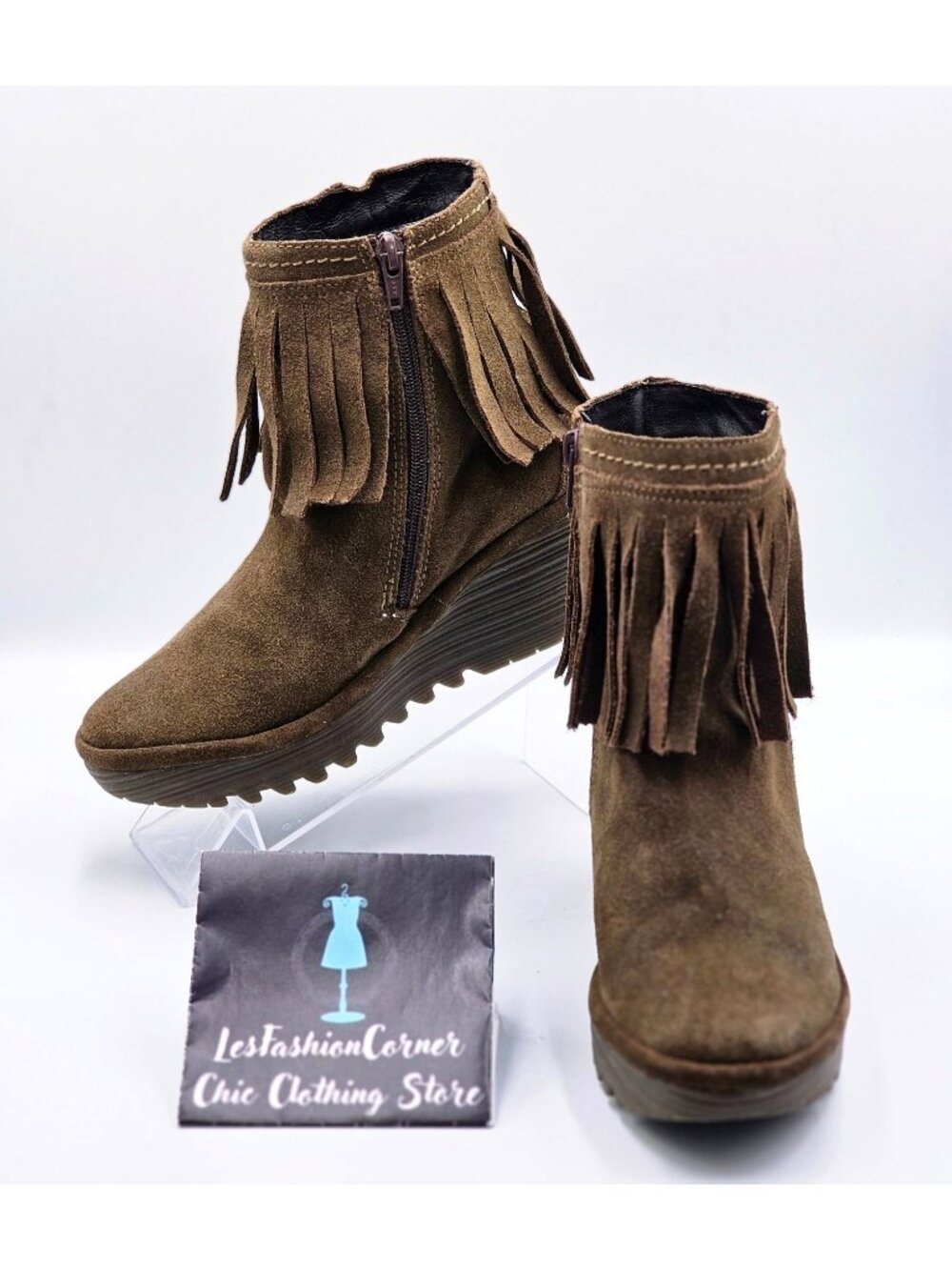 Fly London Women's Brown Suede Leather Fringe Wedge Ankle Booties Size 7.5 2188